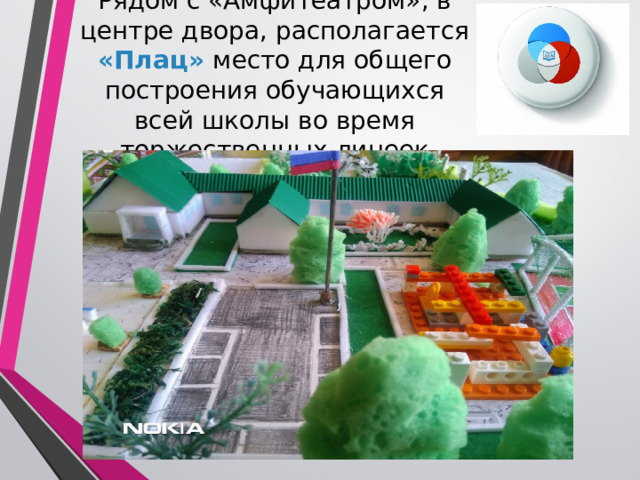 Рядом с «Амфитеатром», в центре двора, располагается «Плац» место для общего построения обучающихся всей школы во время торжественных линеек 