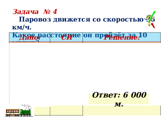 Задача № 4  Паровоз движется со скоростью 36 км/ч. Какое расстояние он пройдёт за 10 минут? Дано: СИ    -? Решение:  =10 мин  =600 с м     =36 км/ч    =10 м/с     … (выполняем вычисления самостоятельно)  Ответ: 6 000 м. 