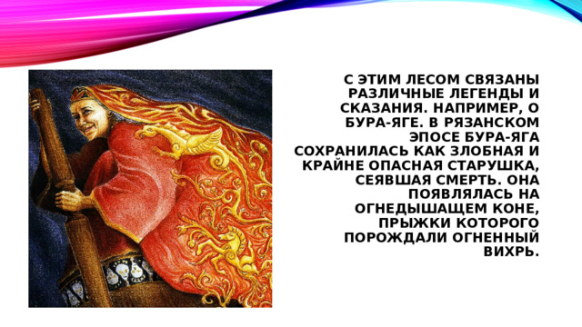 С этим лесом связаны различные легенды и сказания. например, о Бура-Яге. В рязанском эпосе Бура-Яга сохранилась как злобная и крайне опасная старушка, сеявшая смерть. Она появлялась на огнедышащем коне, прыжки которого порождали огненный вихрь.   