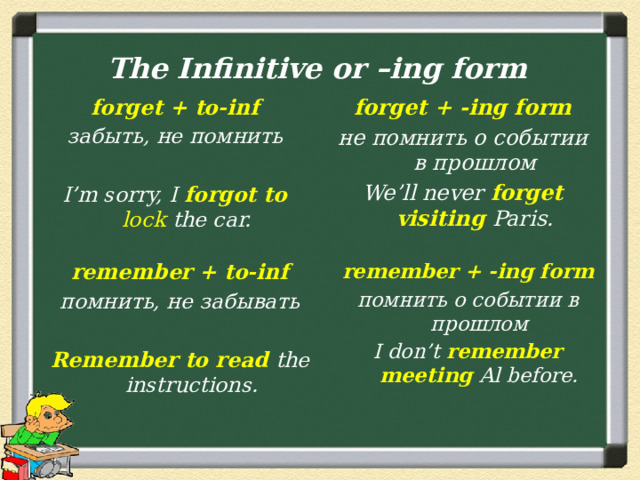 The Infinitive or –ing form forget + -ing form forget + to-inf забыть, не помнить не помнить о событии в прошлом  We’ll never forget visiting Paris. I’m sorry, I forgot to lock the car. remember + -ing form remember + to-inf помнить, не забывать помнить о событии в прошлом  I don’t remember meeting Al before. Remember to read the instructions.   