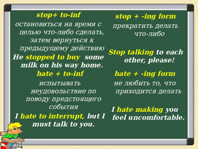 stop+ to-inf остановиться на время с целью что-либо сделать, затем вернуться к предыдущему действию He stopped to buy some milk on his way home. stop + -ing form прекратить делать что-либо  Stop talking to each other, please!  hate + -ing form hate + to-inf не любить то, что приходится делать испытывать неудовольствие по поводу предстоящего события I hate to interrupt, but I must talk to you.   I hate making you feel uncomfortable.   