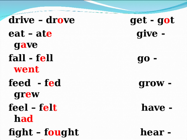 drive – dr o ve get - g o t eat – at e give - g a ve fall - f e ll go - went feed - f e d grow -gr e w feel – f e l t have -h ad fight – f ou ght hear - hear d find – f ou nd keep - k e p t fly – fl ew know -kn e w forget –forg o t learn - learn t 