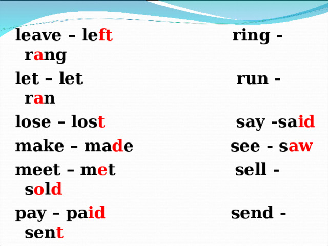 leave – le ft ring - r a ng let – let run - r a n lose – los t say -sa id make – ma d e see - s aw meet – m e t sell - s o l d pay – pa id send - sen t put – put shake - sh oo k read – read show - show ed ride – r o de shut - shut  