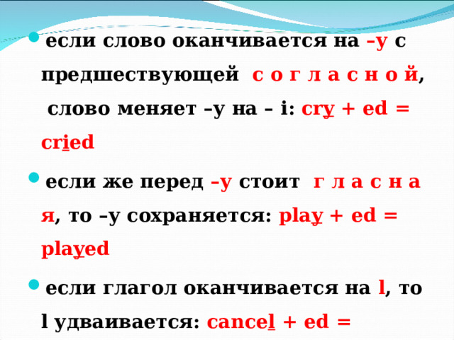 если слово оканчивается на –у с предшествующей с о г л а с н о й , слово меняет –у на – i : cr y  + ed = cr i ed если же перед –у стоит г л а с н а я , то –у сохраняется: pla y  + ed = pla y ed если глагол оканчивается на l , то l удваивается: cance l + ed = cance ll ed 