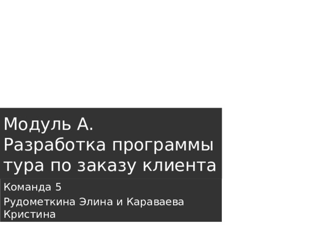 Модуль А.  Разработка программы тура по заказу клиента Команда 5 Рудометкина Элина и Караваева Кристина 