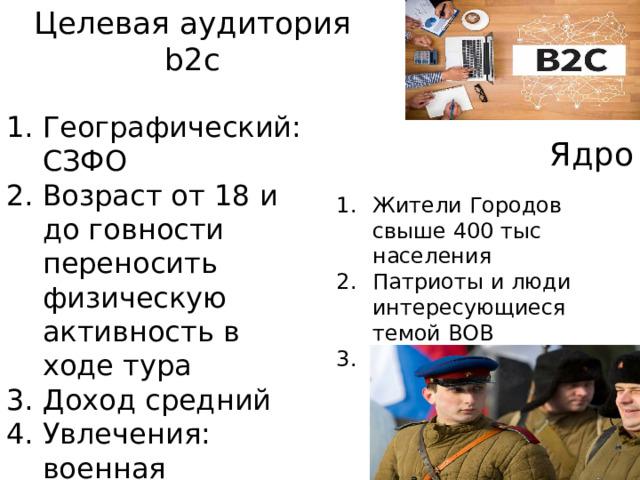 Целевая аудитория b2c Географический:СЗФО Возраст от 18 и до говности переносить физическую активность в ходе тура Доход средний Увлечения: военная тематика и история Белорусии и СССР Ядро Жители Городов свыше 400 тыс населения Патриоты и люди интересующиеся темой ВОВ Группы студентов и кадетов 