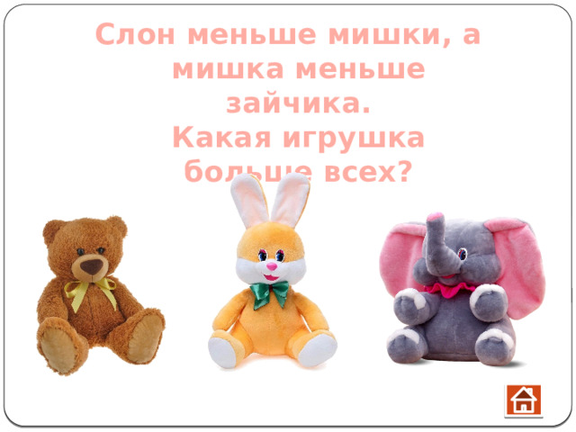Слон меньше мишки, а мишка меньше зайчика.  Какая игрушка больше всех? 