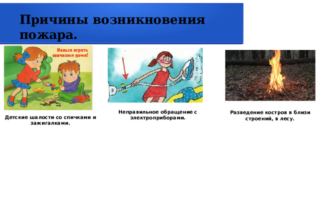 Причины возникновения пожара. Неправильное обращение с электроприборами. Разведение костров в близи строений, в лесу. Детские шалости со спичками и зажигалками. 