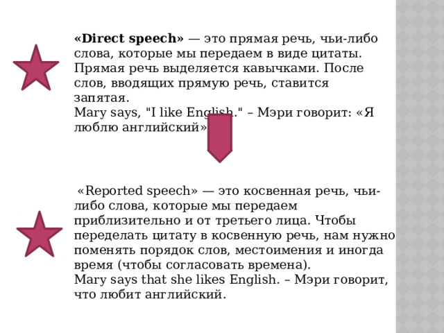 «Direct speech» — это прямая речь, чьи-либо слова, которые мы передаем в виде цитаты. Прямая речь выделяется кавычками. После слов, вводящих прямую речь, ставится запятая. Mary says, 