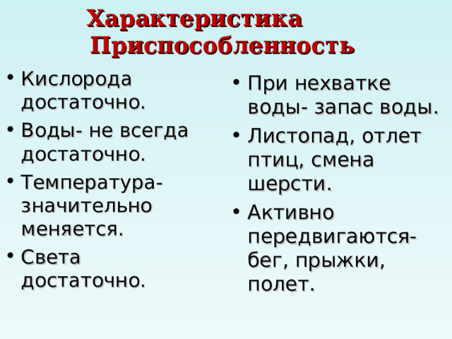 Характеристика Приспособленность Кислорода достаточно. Воды- не всегда достаточно. Температура- значительно меняется. Света достаточно. При нехватке воды- запас воды. Листопад, отлет птиц, смена шерсти. Активно передвигаются- бег, прыжки, полет. 