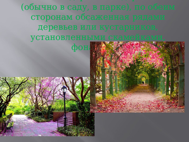 Аллея — дорога или дорожка (обычно в саду, в парке), по обеим сторонам обсаженная рядами деревьев или кустарников, установленными скамейками, фонарями...   