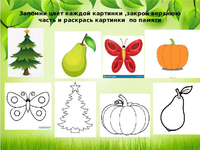 Запомни цвет каждой картинки ,закрой верхнюю часть и раскрась картинки по памяти 