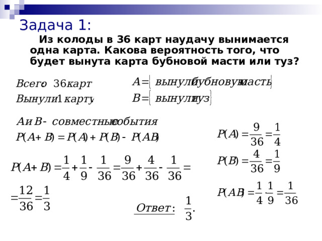 Задача 1:   Из колоды в 36 карт наудачу вынимается одна карта. Какова вероятность того, что будет вынута карта бубновой масти или туз? 