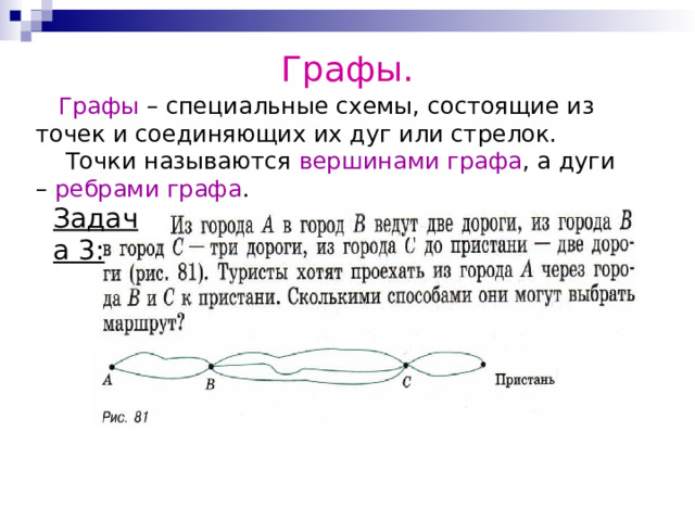 Графы.  Графы – специальные схемы, состоящие из точек и соединяющих их дуг или стрелок.  Точки называются вершинами графа , а дуги – ребрами графа . Задача 3: 