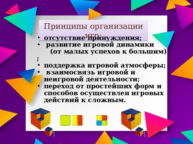 Принципы организации игр: отсутствие принуждения;  развитие игровой динамики  (от малых успехов к большим) ; поддержка игровой атмосферы;  взаимосвязь игровой и неигровой деятельности; переход от простейших форм и способов осуществлен игровых действий к сложным. 
