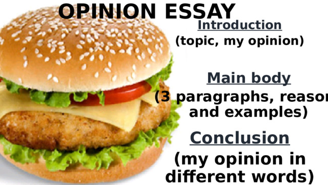 OPINION ESSAY Introduction (topic, my opinion) Main body (3 paragraphs, reasons and examples) Conclusion (my opinion in different words) 