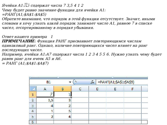  Ячейки А1:А5 содержат числа 7 3,5 4 1 2 Чему будет равно значение функции для ячейки А1: =РАНГ(А1;$А$1:$А$5) Обратите внимание, что порядок в этой функции отсутствует. Значит, иными словами я хочу узнать какой порядок занимает число А1, равное 7 в списке чисел, отсортированному в порядке убывания. Ответ нашего примера  1 ПРИМЕЧАНИЕ : Функция РАНГ присваивает повторяющимся числам одинаковый ранг. Однако, наличие повторяющихся чисел влияет на ранг последующих чисел. Например, ячейки А1:А7 содержат числа 1 2 3 4 5 5 6. Нужно узнать чему будет равен ранг для ячеек А5 и А6. = РАНГ (А1;$А$1:$А$7) 