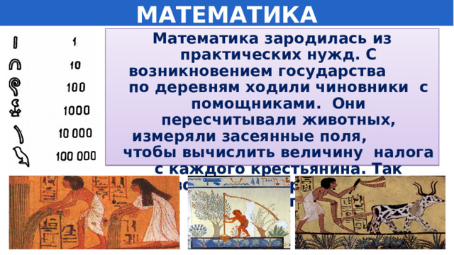 МАТЕМАТИКА Математика зародилась из практических нужд. С возникновением государства по деревням ходили чиновники с помощниками. Они пересчитывали животных, измеряли засеянные поля, чтобы вычислить величину налога с каждого крестьянина. Так возникла потребность в арифметике. 