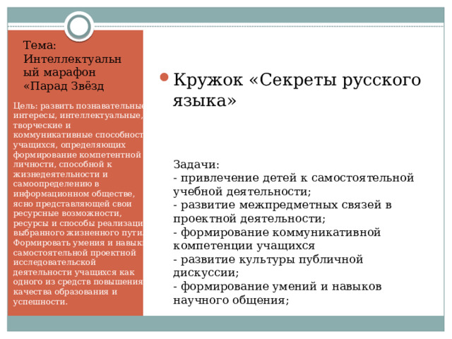 Задачи: - привлечение детей к самостоятельной учебной деятельности; - развитие межпредметных связей в проектной деятельности; - формирование коммуникативной компетенции учащихся - развитие культуры публичной дискуссии; - формирование умений и навыков научного общения; Тема: Интеллектуальный марафон «Парад Звёзд Кружок «Секреты русского языка» Цель: развить познавательные интересы, интеллектуальные, творческие и коммуникативные способности учащихся, определяющих формирование компетентной личности, способной к жизнедеятельности и самоопределению в информационном обществе, ясно представляющей свои ресурсные возможности, ресурсы и способы реализации выбранного жизненного пути. Формировать умения и навыки самостоятельной проектной исследовательской деятельности учащихся как одного из средств повышения качества образования и успешности. 