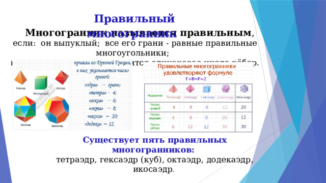 Правильный многогранник  Многогранник называется правильным ,  если: он выпуклый; все его грани - равные правильные многоугольники;  в каждой его вершине сходится одинаковое число рёбер.   Существует пять правильных многогранников: тетраэдр, гексаэдр (куб), октаэдр, додекаэдр, икосаэдр . 