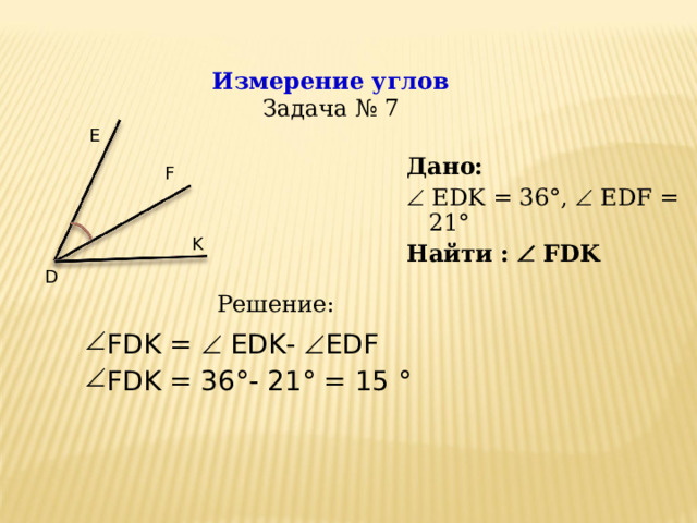 Измерение углов  Задача № 7 Е Дано: Дано:   EDK = 36 °,  EDF = 21 °   EDK = 36 °,  EDF = 21 ° Найти :  FDK Найти :  FDK F K D Решение: FDK =   EDK-   EDF FDK = 36 ° - 21 ° = 15 ° FDK =   EDK-   EDF FDK = 36 ° - 21 ° = 15 ° 11 