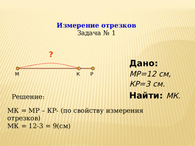 Измерение отрезков  Задача № 1 ? Дано:  МР=12 см, КР=3 см. Найти:  МК. Дано:  МР=12 см, КР=3 см. Найти:  МК. М К Р Решение: МК = МР – КР- (по свойству измерения отрезков) МК = 12-3 = 9(см)  