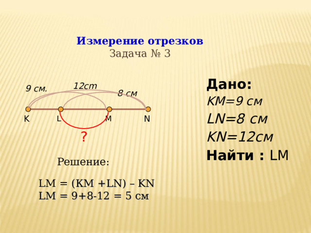 Измерение отрезков  Задача № 3  12cm  12cm Дано:  KM = 9 см LN=8 c м KN=12c м Найти : LM Дано:  KM = 9 см LN=8 c м KN=12c м Найти : LM 9 см . 9 см .  8 c м  8 c м K N M L ? Решение: LM = ( КМ + LN) – KN LM = 9+8-12 = 5 см LM = ( КМ + LN) – KN LM = 9+8-12 = 5 см  