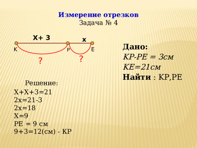 Измерение отрезков  Задача № 4 Х+ 3 х Дано: KP-PE = 3c м KE=21c м Найти : KP,PE Дано: KP-PE = 3c м KE=21c м Найти : KP,PE E K P ? ? Решение: Х+Х+3=21 2х=21-3 2х=18 Х=9 РЕ = 9 см 9+3=12(см) - КР  