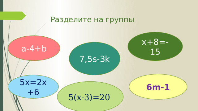 Разделите на группы x+8=-15 a-4+b 7,5s-3k 6m-1 5х=2х+6 5(x-3)=20 