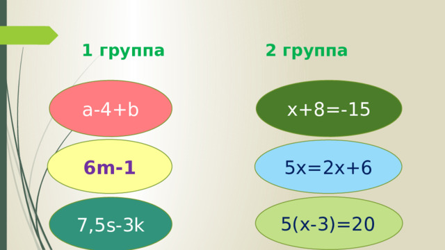 1 группа 2 группа a-4+b x+8=-15 6m-1 5х=2х+6 5(x-3)=20 7,5s-3k 