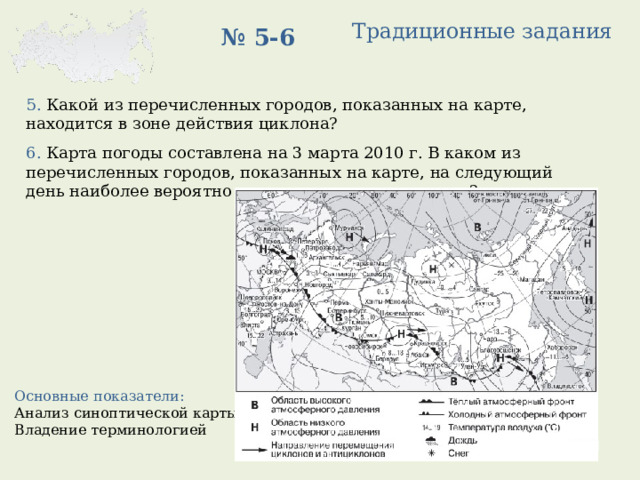 Традиционные задания № 5-6 5. Какой из перечисленных городов, показанных на карте, находится в зоне действия циклона? 6. Карта погоды составлена на 3 марта 2010 г. В каком из перечисленных городов, показанных на карте, на следующий день наиболее вероятно существенное похолодание? Основные показатели: Анализ синоптической карты Владение терминологией 