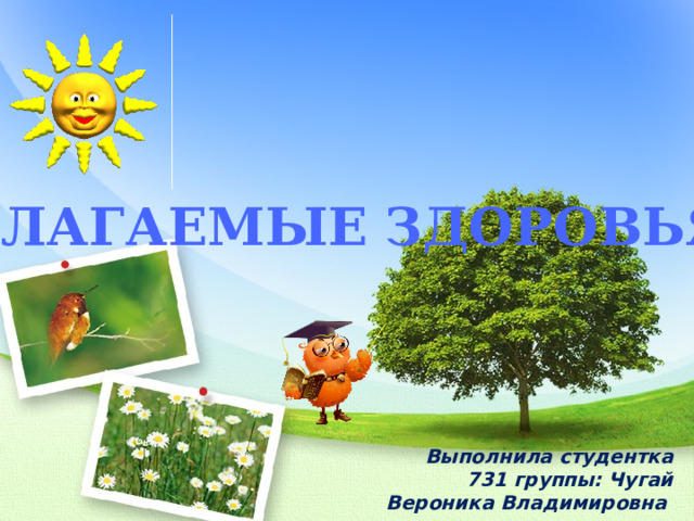 Слагаемые здоровья Выполнила студентка 731 группы: Чугай Вероника Владимировна   