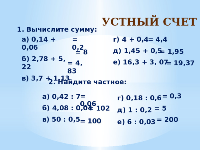 Устный счет 1. Вычислите сумму: = 0,2 а) 0,14 + 0,06 г) 4 + 0,4 = 4,4 б) 2,78 + 5, 22 д) 1,45 + 0,5 в) 3,7 + 1,13 е) 16,3 + 3, 07 = 1,95 = 8 = 4, 83 = 19,37 2. Найдите частное: г) 0,18 : 0,6 д) 1 : 0,2 е) 6 : 0,03 = 0,06 = 0,3 а) 0,42 : 7 б) 4,08 : 0,04 в) 50 : 0,5 = 102 = 5 = 200 = 100 