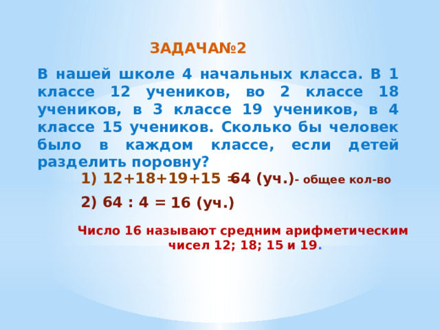 ЗАДАЧА№2 В нашей школе 4 начальных класса. В 1 классе 12 учеников, во 2 классе 18 учеников, в 3 классе 19 учеников, в 4 классе 15 учеников. Сколько бы человек было в каждом классе, если детей разделить поровну? 1) 12+18+19+15 = 64 (уч.) - общее кол-во 2) 64 : 4 = 16 (уч.) Число 16 называют средним арифметическим чисел 12; 18; 15 и 19 . 