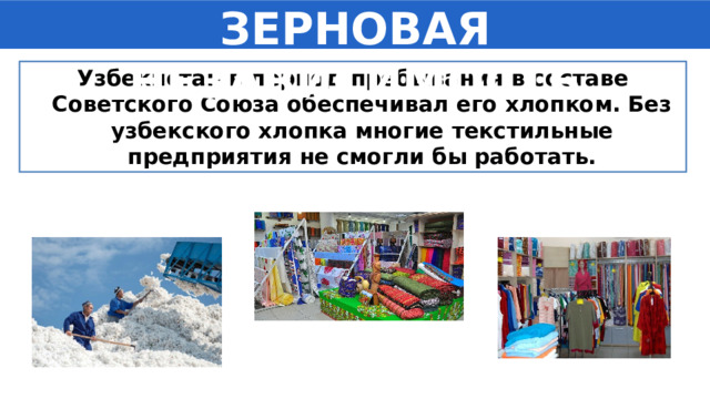 ЗЕРНОВАЯ НЕЗАВИСИМОСТЬ Узбекистан в период пребывания в составе Советского Союза обеспечивал его хлопком. Без узбекского хлопка многие текстильные предприятия не смогли бы работать. 