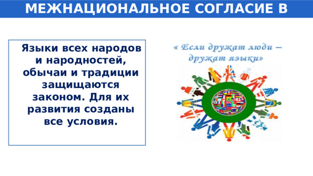 МЕЖНАЦИОНАЛЬНОЕ СОГЛАСИЕ В СТРАНЕ  Языки всех народов и народностей, обычаи и традиции защищаются законом. Для их развития созданы все условия. 