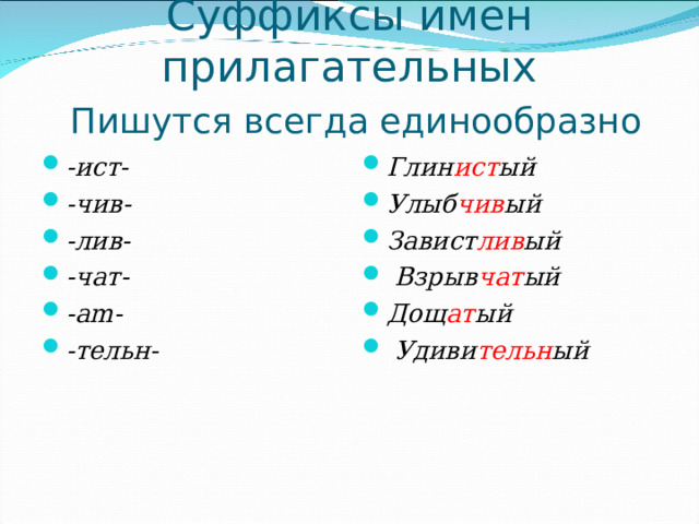 Суффиксы имен прилагательных   Пишутся всегда единообразно -ист- -чив- -лив- -чат- -am- -тельн-   Глин ист ый Улыб чив ый Завист лив ый  Взрыв чат ый Дощ ат ый  Удиви тельн ый  