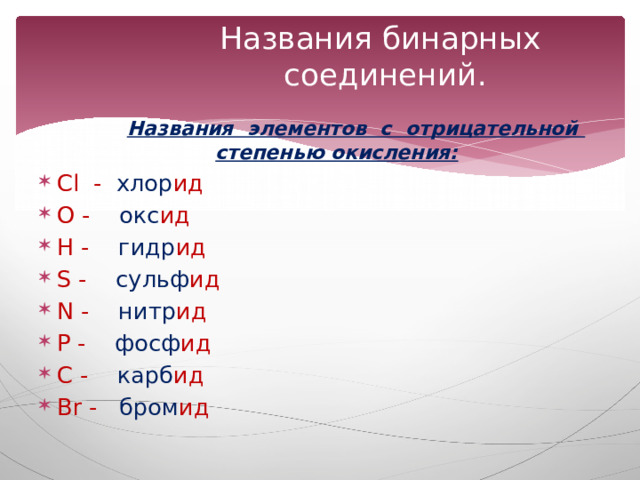 Названия бинарных соединений.  Названия элементов с отрицательной степенью окисления: Cl - хлор ид О - окс ид Н - гидр ид S - сульф ид N - нитр ид P - фосф ид С - карб ид Br - бром ид 