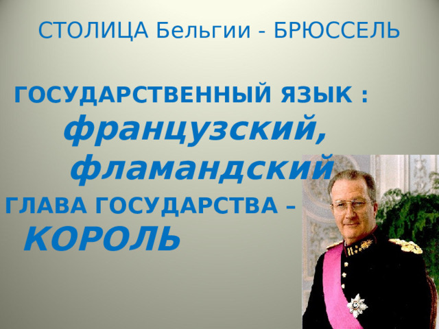 СТОЛИЦА Бельгии - БРЮССЕЛЬ ГОСУДАРСТВЕННЫЙ ЯЗЫК :  французский,  фламандский ГЛАВА ГОСУДАРСТВА – КОРОЛЬ  