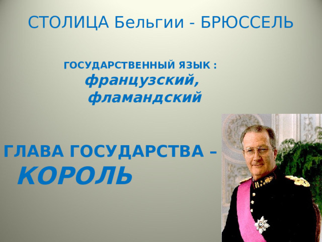 СТОЛИЦА Бельгии - БРЮССЕЛЬ ГОСУДАРСТВЕННЫЙ ЯЗЫК :  французский,  фламандский ГЛАВА ГОСУДАРСТВА – КОРОЛЬ  