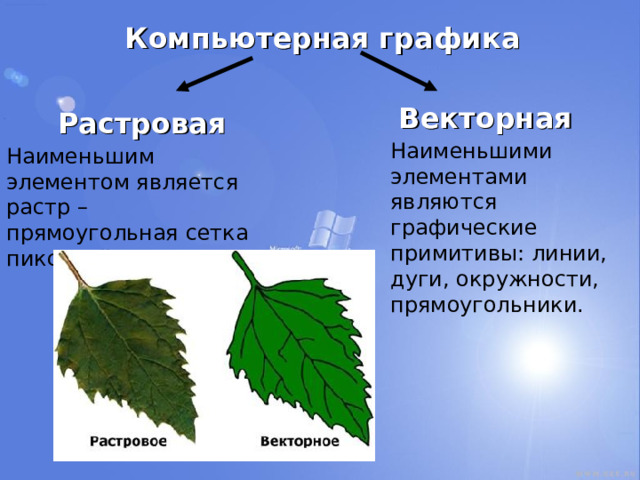 Компьютерная графика Векторная Растровая Наименьшими элементами являются графические примитивы: линии, дуги, окружности, прямоугольники. Наименьшим элементом является растр – прямоугольная сетка пикселей на экране 