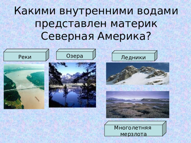 Какими внутренними водами представлен материк Северная Америка? Реки Озера Ледники Многолетняя мерзлота 