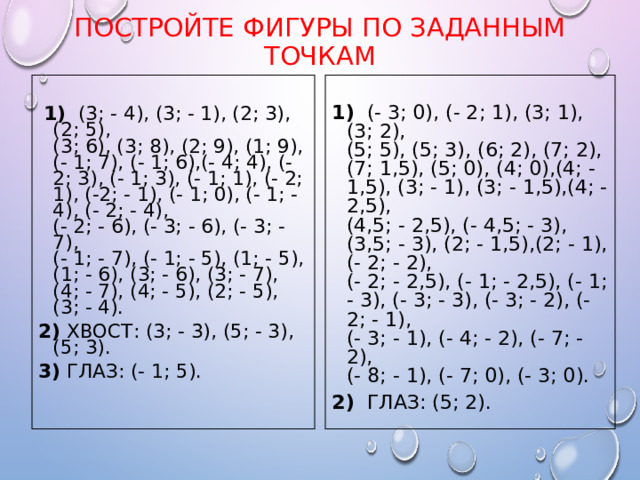 ПОСТРОЙТЕ ФИГУРЫ ПО ЗАДАННЫМ ТОЧКАМ   1) (3; - 4), (3; - 1), (2; 3), (2; 5),  (3; 6), (3; 8), (2; 9), (1; 9),  (- 1; 7), (- 1; 6),(- 4; 4), (- 2; 3), (- 1; 3), (- 1; 1), (- 2; 1), (-2; - 1), (- 1; 0), (- 1; - 4), (- 2; - 4),  (- 2; - 6), (- 3; - 6), (- 3; - 7),  (- 1; - 7), (- 1; - 5), (1; - 5),  (1; - 6), (3; - 6), (3; - 7),  (4; - 7), (4; - 5), (2; - 5), (3; - 4). 2) ХВОСТ: (3; - 3), (5; - 3), (5; 3). 3) ГЛАЗ: (- 1; 5).      1) (- 3; 0), (- 2; 1), (3; 1), (3; 2),  (5; 5), (5; 3), (6; 2), (7; 2),  (7; 1,5), (5; 0), (4; 0),(4; - 1,5), (3; - 1), (3; - 1,5),(4; - 2,5),  (4,5; - 2,5), (- 4,5; - 3), (3,5; - 3), (2; - 1,5),(2; - 1), (- 2; - 2),  (- 2; - 2,5), (- 1; - 2,5), (- 1; - 3), (- 3; - 3), (- 3; - 2), (- 2; - 1),  (- 3; - 1), (- 4; - 2), (- 7; - 2),  (- 8; - 1), (- 7; 0), (- 3; 0). 2) ГЛАЗ: (5; 2). 