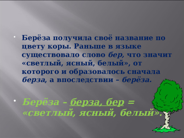 Берёза получила своё название по цвету коры. Раньше в языке существовало слово бер, что значит «светлый, ясный, белый», от которого и образовалось сначала берза , а впоследствии – берёза.  Берёза – берза, бер = «светлый, ясный, белый». 
