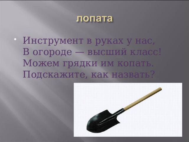 Инструмент в руках у нас,  В огороде — высший класс!  Можем грядки им копать.  Подскажите, как назвать? 