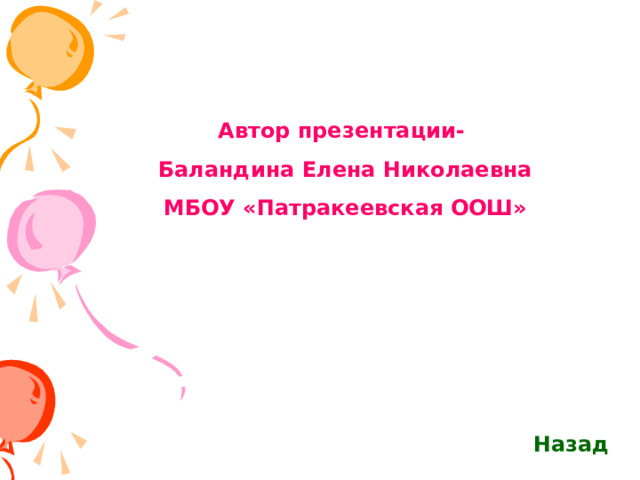  Автор презентации- Баландина Елена Николаевна МБОУ «Патракеевская ООШ»   Назад 
