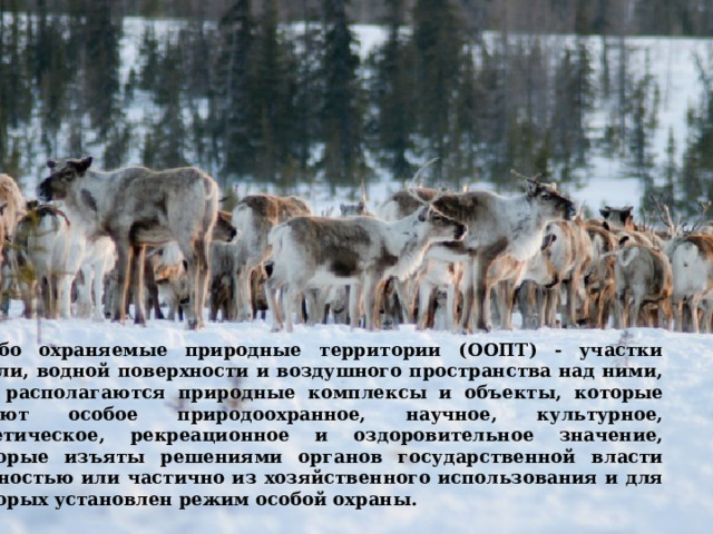 Особо охраняемые природные территории (ООПТ) - участки земли, водной поверхности и воздушного пространства над ними, где располагаются природные комплексы и объекты, которые имеют особое природоохранное, научное, культурное, эстетическое, рекреационное и оздоровительное значение, которые изъяты решениями органов государственной власти полностью или частично из хозяйственного использования и для которых установлен режим особой охраны.  