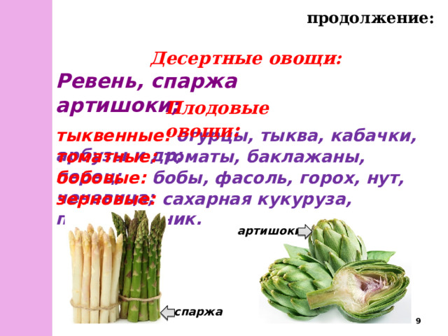 продолжение: Десертные овощи:   Ревень, спаржа артишоки; Плодовые овощи : тыквенные: огурцы, тыква, кабачки, арбузы и др;  томатные: томаты, баклажаны, перец;  бобовые: бобы, фасоль, горох, нут, чечевица; зерновые: сахарная кукуруза, подсолнечник. артишоки спаржа  