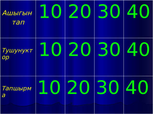  10  Ашыгын  тап 20 Тушунуктор 10 10 Тапшырма 20 30 30 40  20 40 30 40 