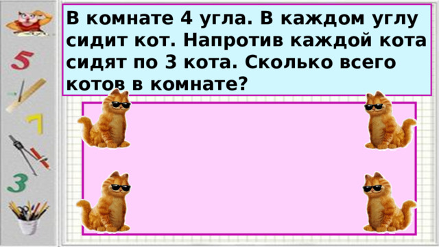 В комнате 4 угла. В каждом углу сидит кот. Напротив каждой кота сидят по 3 кота. Сколько всего котов в комнате? 
